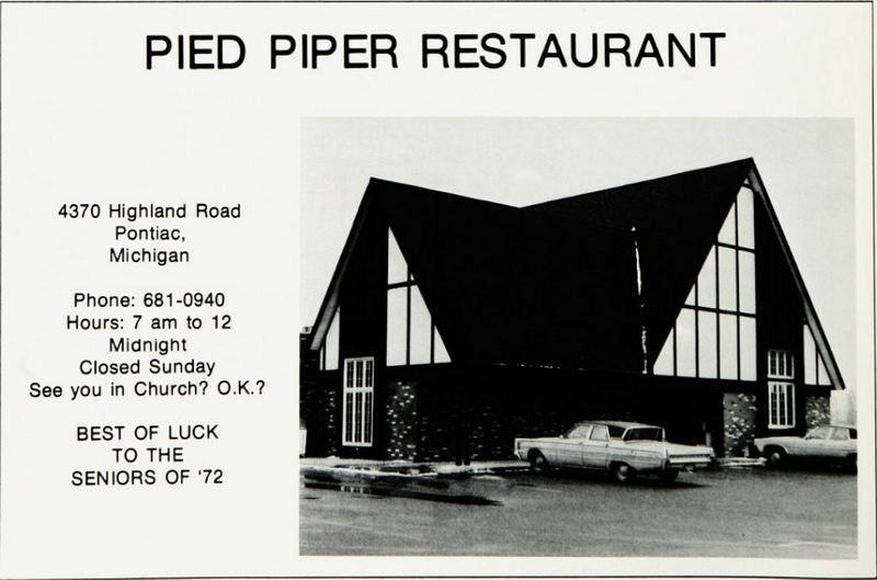 Pied Piper Restaurant - 1972 Waterford Twp High Yearbook Ad (newer photo)
